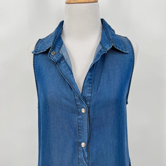 ENZA COSTA Dress Womens Small 1 Blue Chambray Denim Snap Front Sleeveless FLAWS - Picture 4 of 13